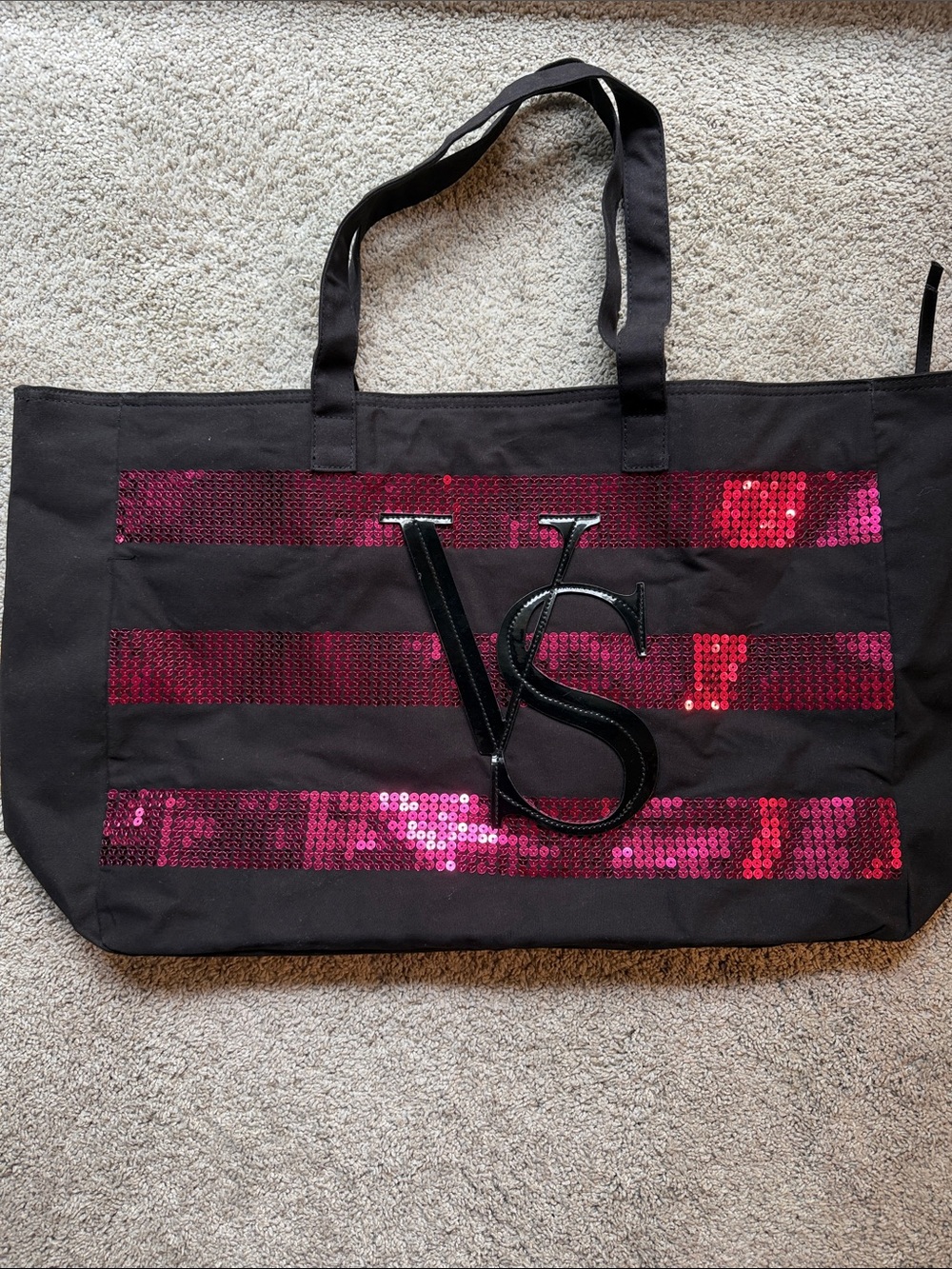 Victoria's Secret Black Tote with Fuchsia Sequin Stripes